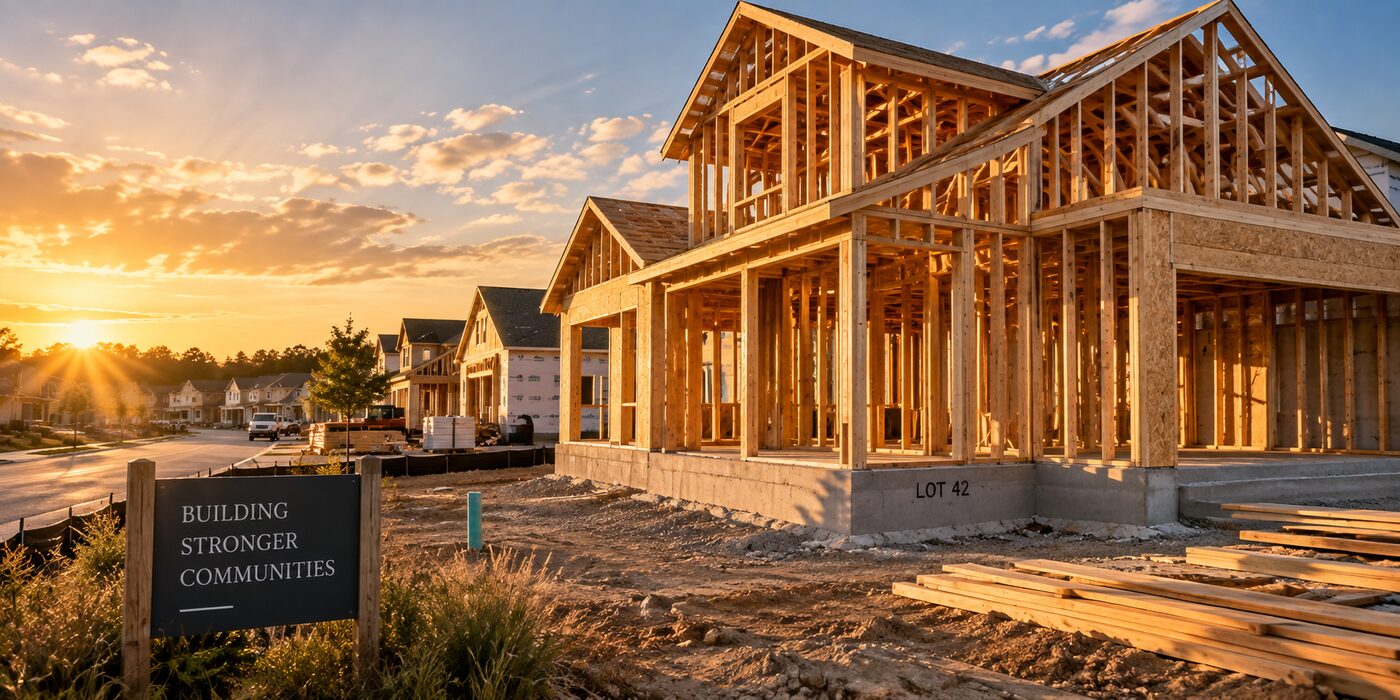 Homes under construction at sunrise