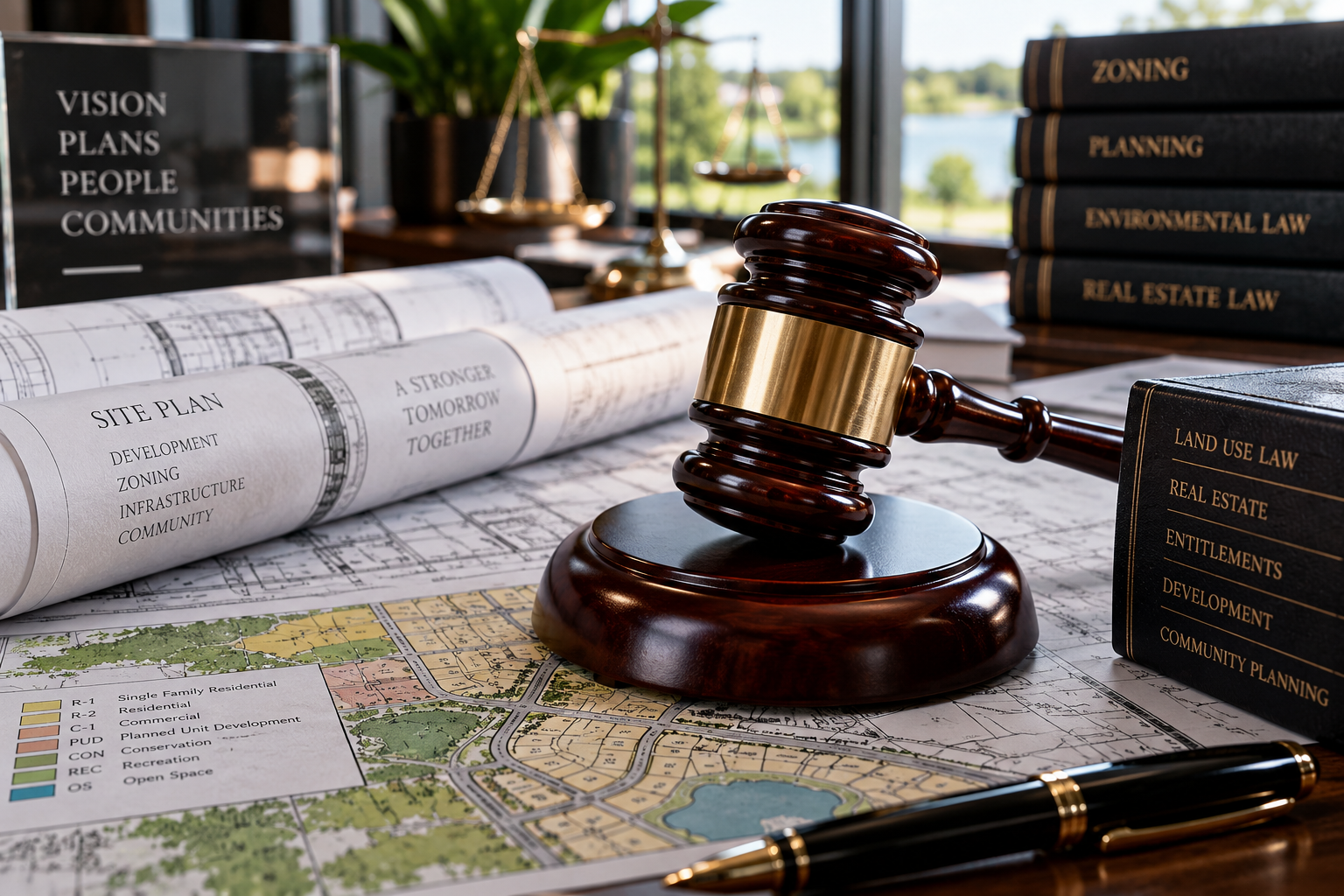 Legal gavel on zoning blueprints