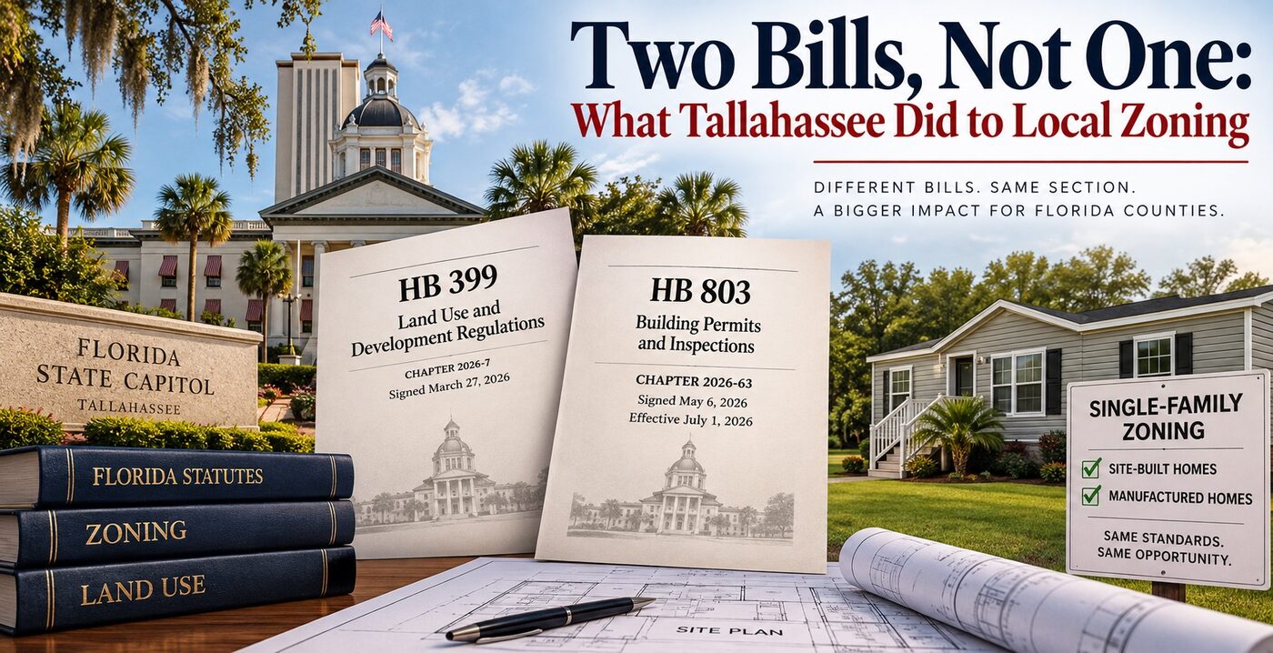 Florida Capitol with HB 399 and HB 803 bill documents, a site plan and a manufactured home